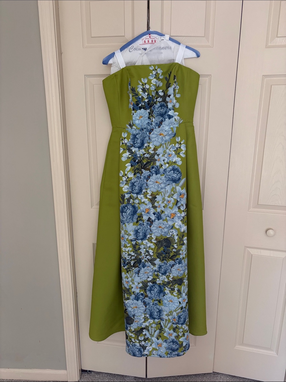 Sachin + Babi Larissa Gown in Peridot Strapless Dress with Blue Floral Panel